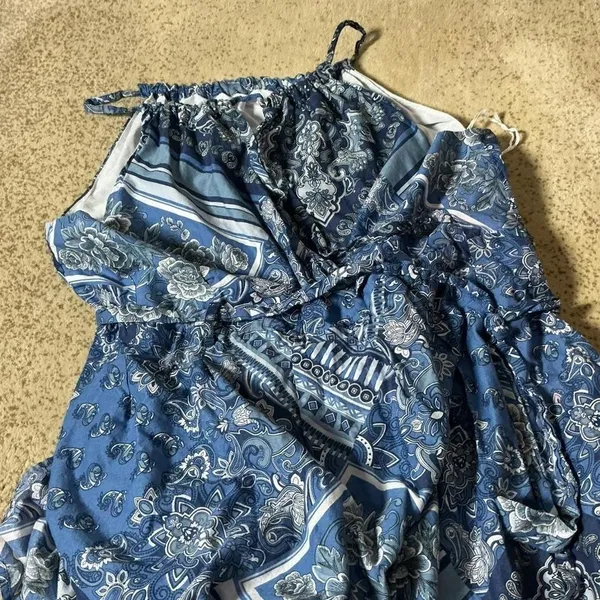Blue Paisley Cotton Maxi Dress Halter Neck Tiered‎ Boho Sun Dress Women Large - Image 7