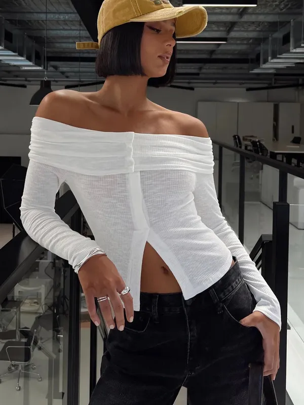 Princess Polly Victorea Off The Shoulder Long Sleeve White Top M - Image 4
