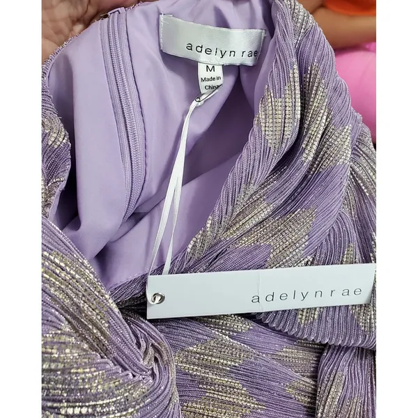 Adelyn Rae Lavender Gold Metallic Chevron Pleated Mini‎ Dress Long Sleeve Medium - Image 2