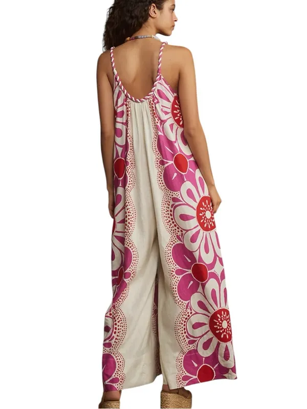 Farm Rio medium Maia jumpsuit Pink White Floral Print Women’s linen - Image 13