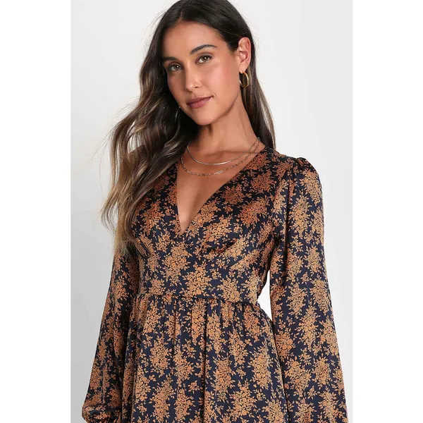 Lulus Graceful Impression Black and Orange Floral Print Midi Dress Satin S NWT - Image 4