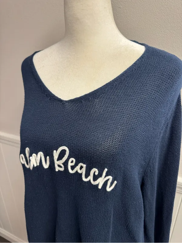 Pearls & Camo Palm Beach Long Sleeve Pullover Knit Sweater Blue Medium Coastal - Image 3