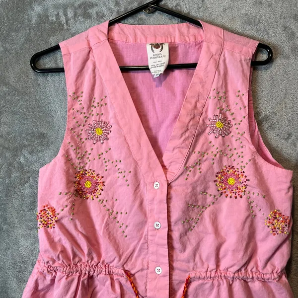 Roopa Pemmaraju Anthropologie Embroidered Beaded Vneck Blouse Medium Pink Cotton - Image 3