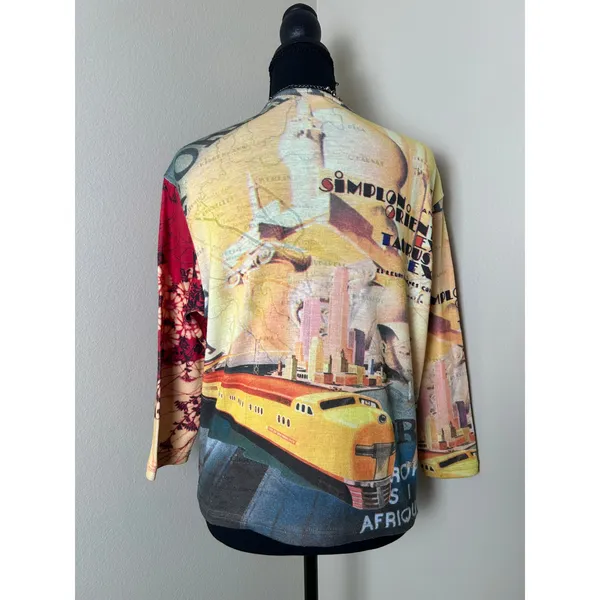 Euro Inspired Yukiko Cherry Blossom Graphic Knit Tee 3/4 Sleeve Y2K Art Top XL - Image 4