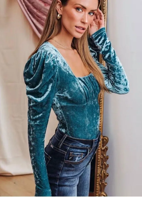 Vici New - Dina Velvet Puff Sleeve Top - Teal - Image 5