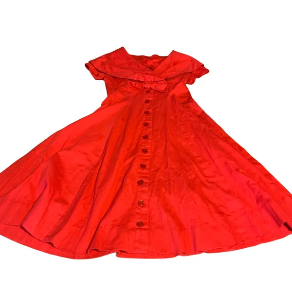 Vintage 1950'S Handmade Square Pattern Red Cotton Day Dress (S) - Image 9