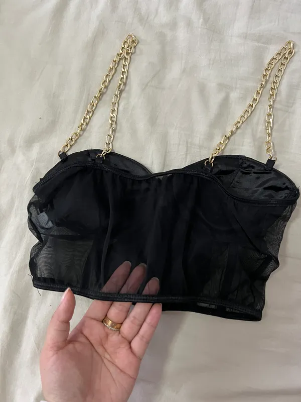 Black Satin Mesh Bustier With Gold Chain - Image 3
