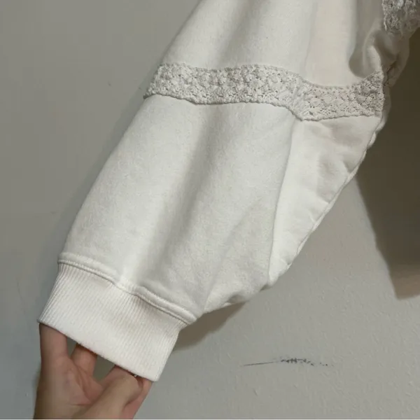 Aerie Hey Crochet Lace Trim Notch Neck Sweatshirt White Small - Image 2