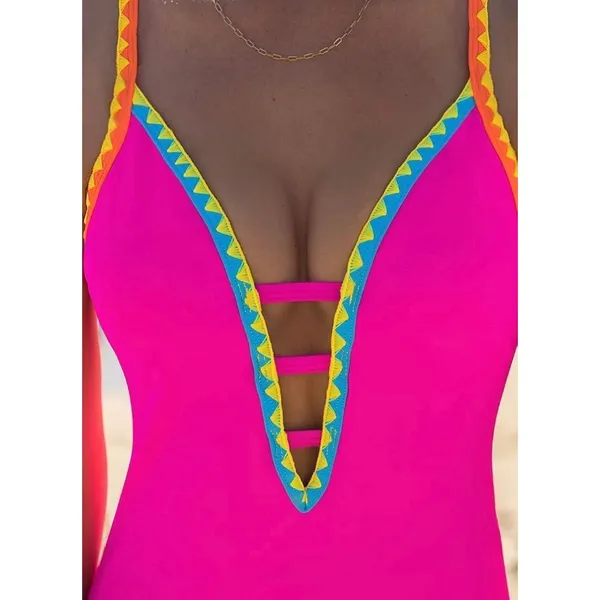 NWT Popvil Women One Piece Swimsuit Tummy Control Deep V Neck Neon Rose Red XL - Image 4