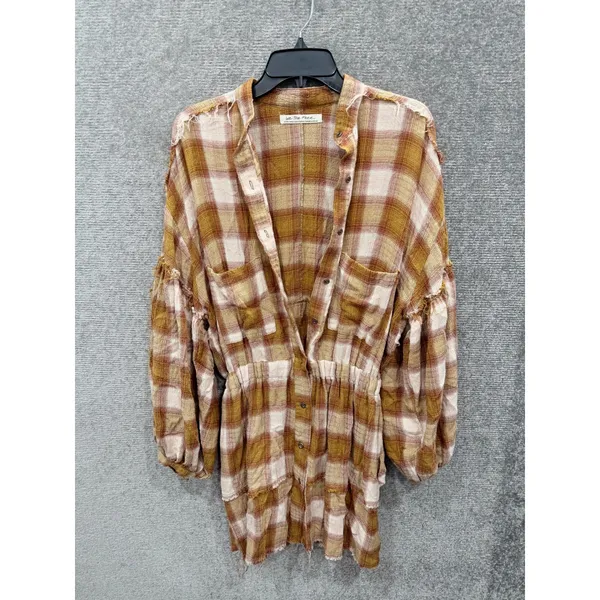 Free People Women Dress XS Brown Plaid Balloon Sleeve Mini Shirt Dress - Image 7