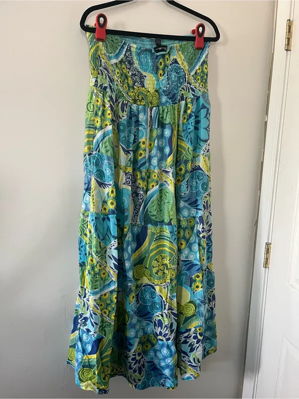 Y2K Tropical Strapless Blue Green Smocked Midi Dress Large 100% Cotton Resort - Image 5