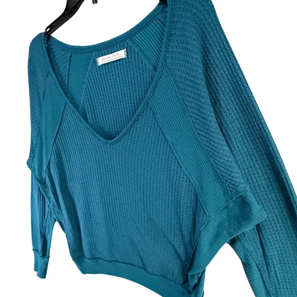 Free People We The Free Santa Clara Thermal Top XS Blue Waffle Knit Relaxed Boho - Image 3