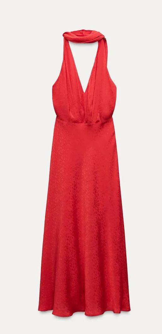 Zara midi dress Elegant Red Halter prom wedding cocktail party satin - Image 7