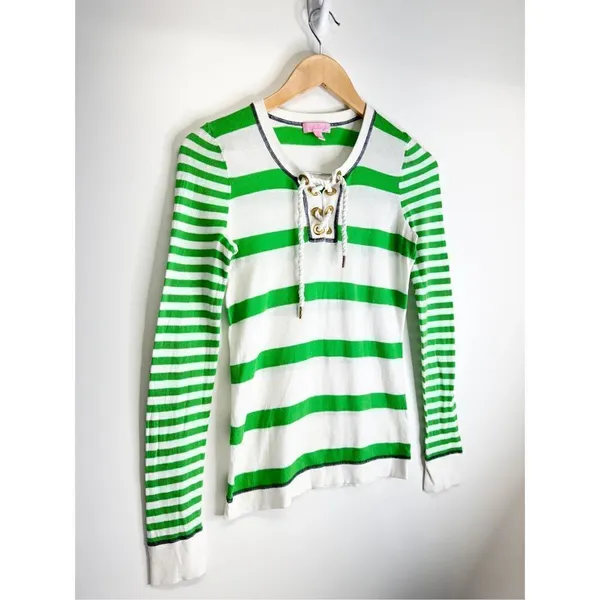 Lilly Pulitzer Shirt Womens Size Small Green White Striped Long‎ Sleeve Pullover - Image 3