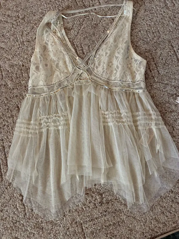 Free People On The Town Romantic Cream Beaded Sequin Sheer Lace Tank - Image 6