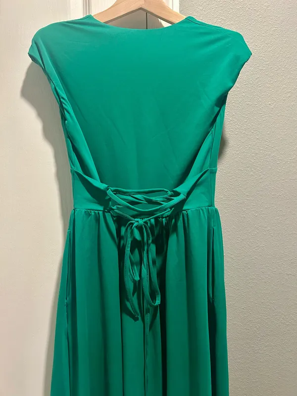 OYS Women's Deep V Neck Cap Sleeve Pleated Swing A Line Midi Dress - Image 6