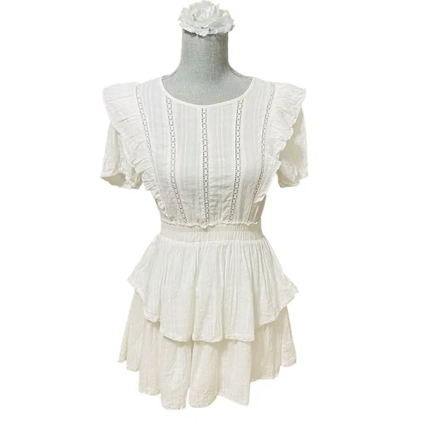The Post White Ruffle Lace Trim Mini Dress Women’s Small Cotton Rayon - Image 2