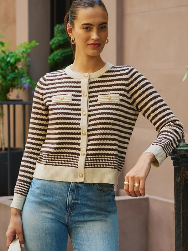 NWT Adrianna Papell Button Front‎ Striped Pointelle Cardigan Sweater Cream Brown - Image 2