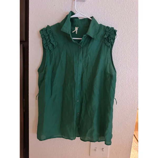 Lapis Women‎ XL Green Sleeveless Ruffle Shoulder Button Down Blouse Top - Image 2