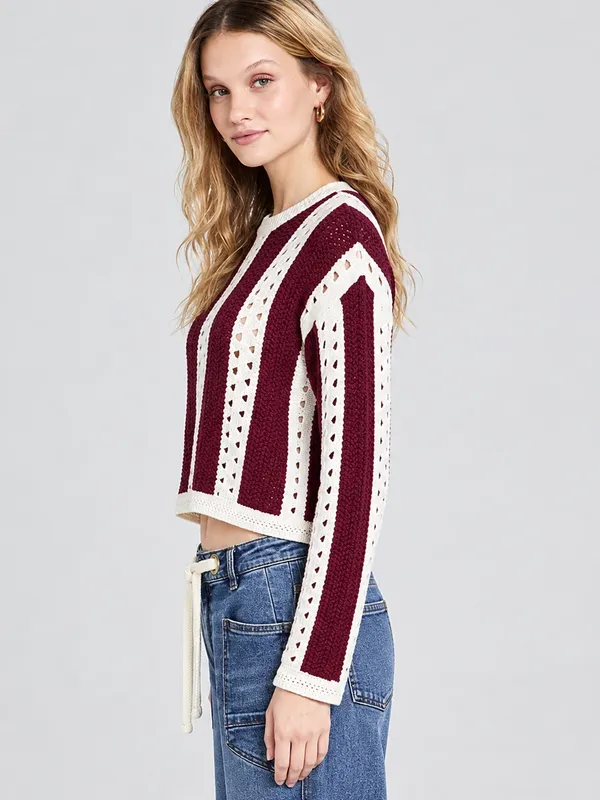 And Now This Burgundy Open-Stitch Stripe Long-Sleeve Sweater Size Large - Image 2