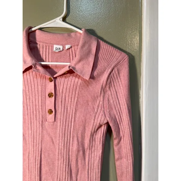 Gap Womens Size Small Ribbed Polo T-Shirt Henley Pink Heather Long Sleeve Ribbed - Image 8