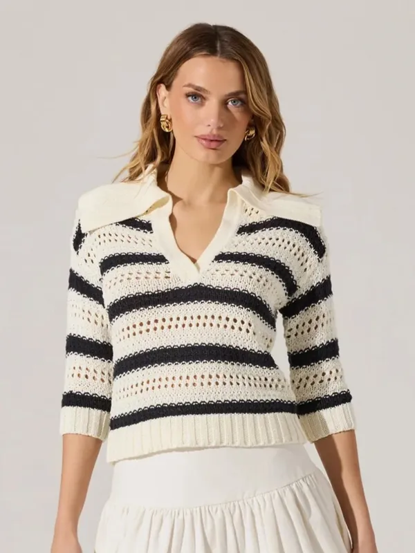 ASTR Striped Open Knit Polo Sweater top short sleeve crochet coverup collar - Image 7