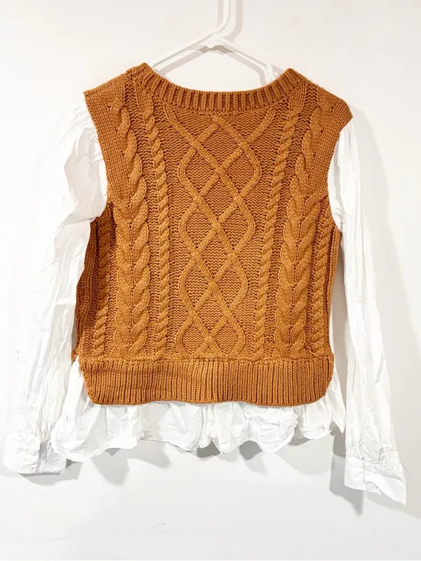 By Anthropologie Cable Knit Sweater Vest & Blouse Layered Top Size Medium - Image 6