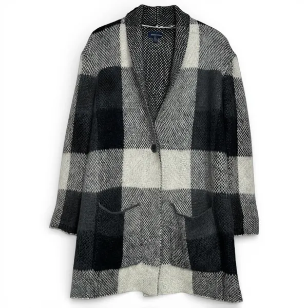 American Eagle Buffalo Plaid Longline Cardigan Sweater Black Grey White L/XL‎ - Image 3