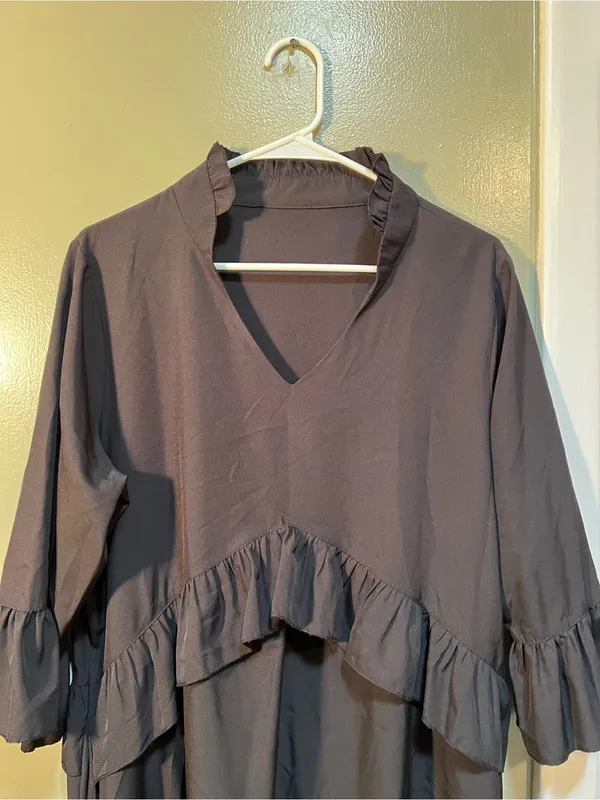 Women’s Size Large Mini Dress Black Ruffle V-Neck A-Line 3/4 Sleeve Collared LBD - Image 2