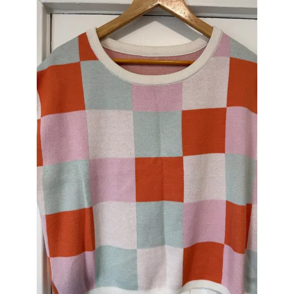Womens Checkerboard Knit Sweater Vest Cropped Boxy Crew Neck Top Disco Festival - Image 8