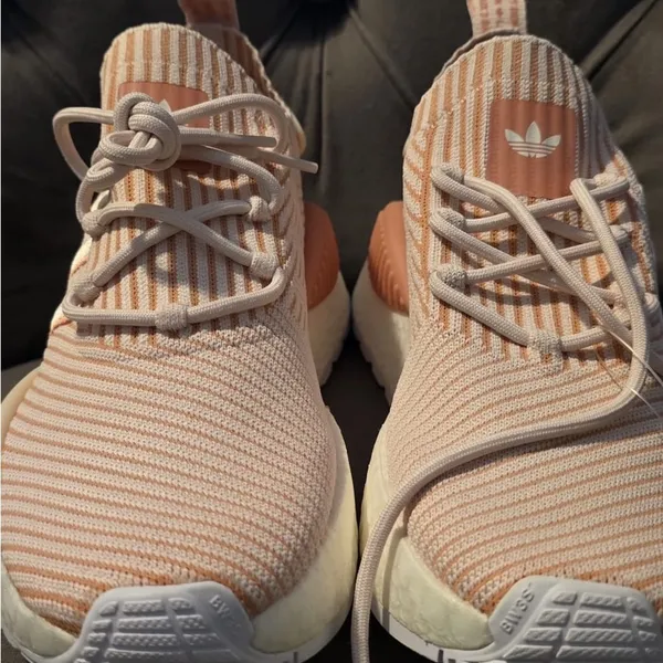 Adidas Peach and White Striped Sneakers - Image 2