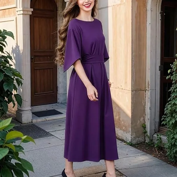 NWT ~ Elegant Purple Midi Dress Wide Bell Sleeves & Belted Waist ~ Women's XL - Image 2