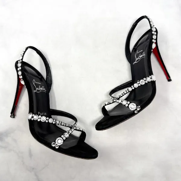 Christian Louboutin Emilie Strass 100 Embellished Strappy Sandal Heels Black 38 - Image 7