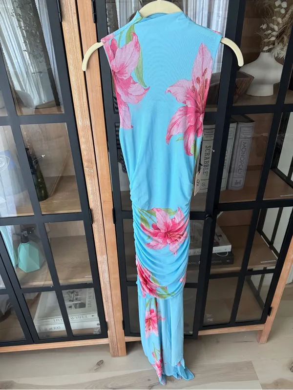 NWT Sincerely Jules Maxi Dress mock neck ruched Pink Floral Print stretchy mesh - Image 2