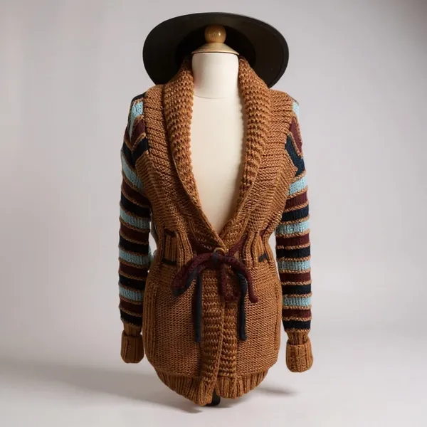 Vintage X-RATED Handknit Statement Cardigan Striped Sleeves Belted M - Image 2