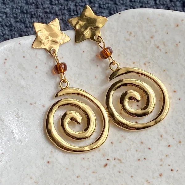 Handmade retro vintage boho funky grunge style fully stainless steel star & swirl dangle earrings☀️🌀 - Image 3