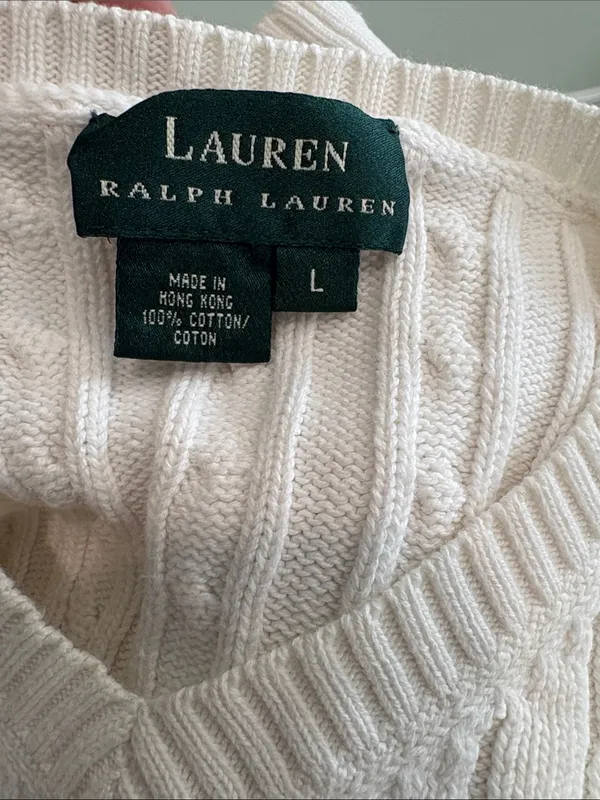 Lauren Ralph Lauren White Cable-Knit Short Sleeve V Neck Sweater Large - Image 5