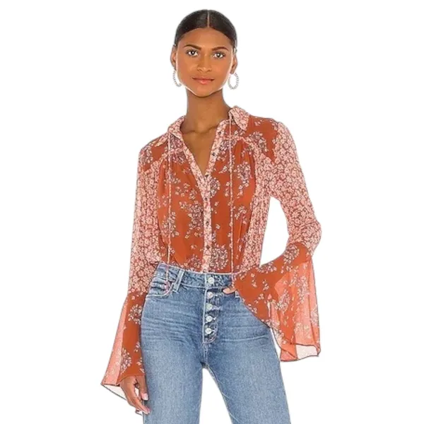 Free People Rust Floral Sheer Collared Blouse Women's Size Large | 74-33-3 - Image 3
