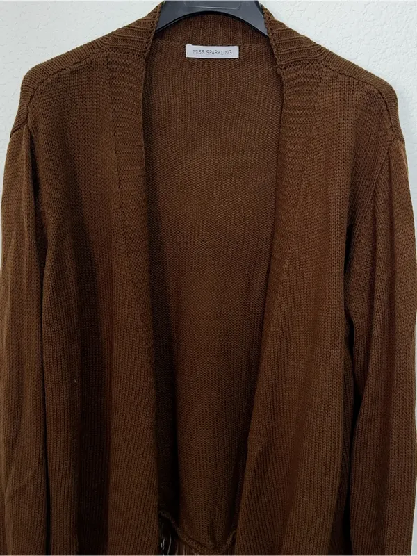 Miss Sparkling Brown Fringe Open Front Waterfall Longline Knit Cardigan - Image 4