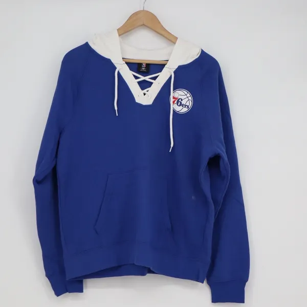 NBA Philadelphia 76ers Lace Up Hoodie Large Blue White Raglan Sweatshirt - Image 2