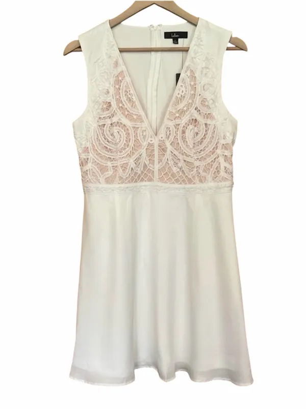 NWT Lulus Florentia White Crochet Skater Mini Dress - Size: Large - Image 2