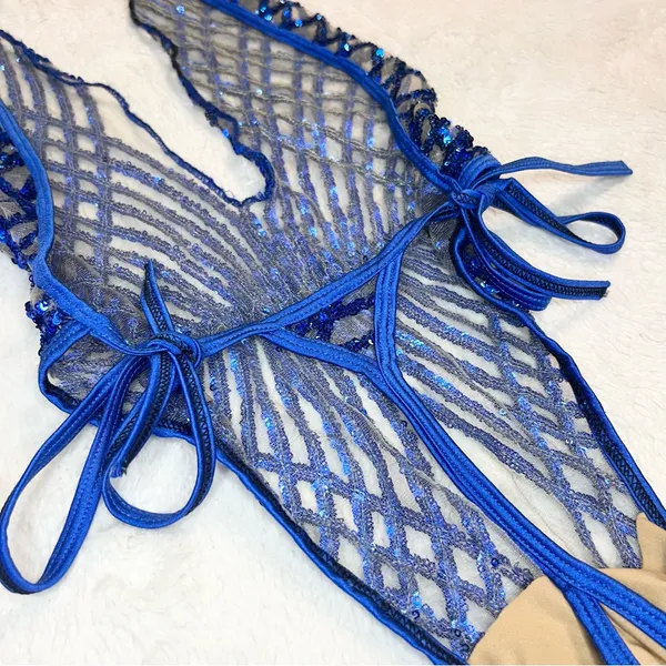 Brazilian Blue Sequin Sheer Plunge One-Piece Thong Side Tie Swimwear Size Small - Image 10
