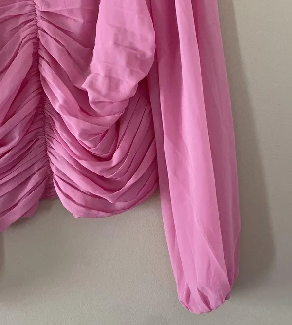Abercrombie & Fitch Long Sleeve Blouse Cinched Front Tie Sheer Sleeves Pink XL - Image 4
