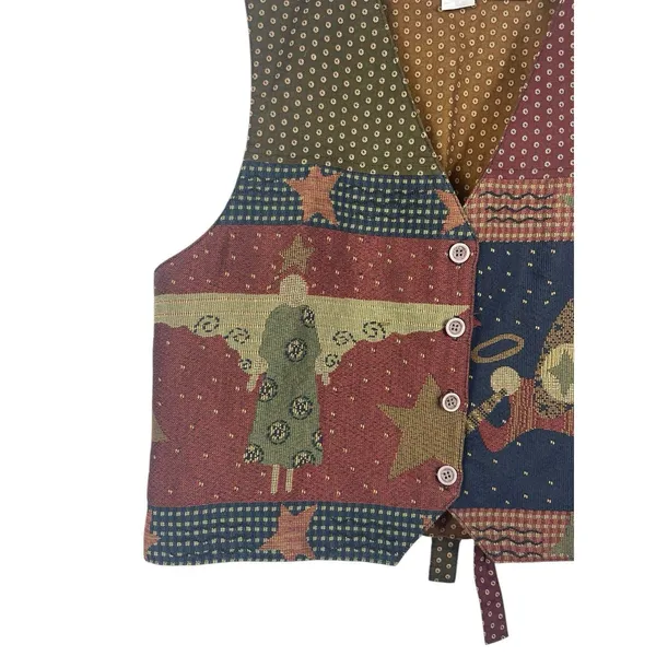 VTG Orvis 90s Tapestry Vest Womens L Made USA Patchwork Folk Angel Stars - Image 4