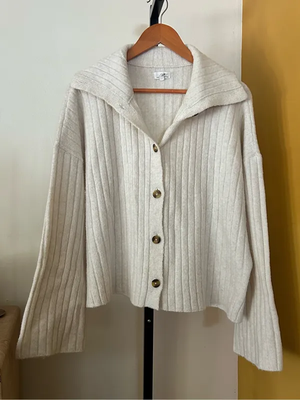 Aerie unREAL Ribbed Cardigan Sweater Collared Button Front Cozy‎ Cream Medium - Image 3