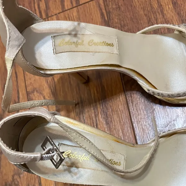 Off White Satin Strappy Jeweled Heels Size 7 - Image 12