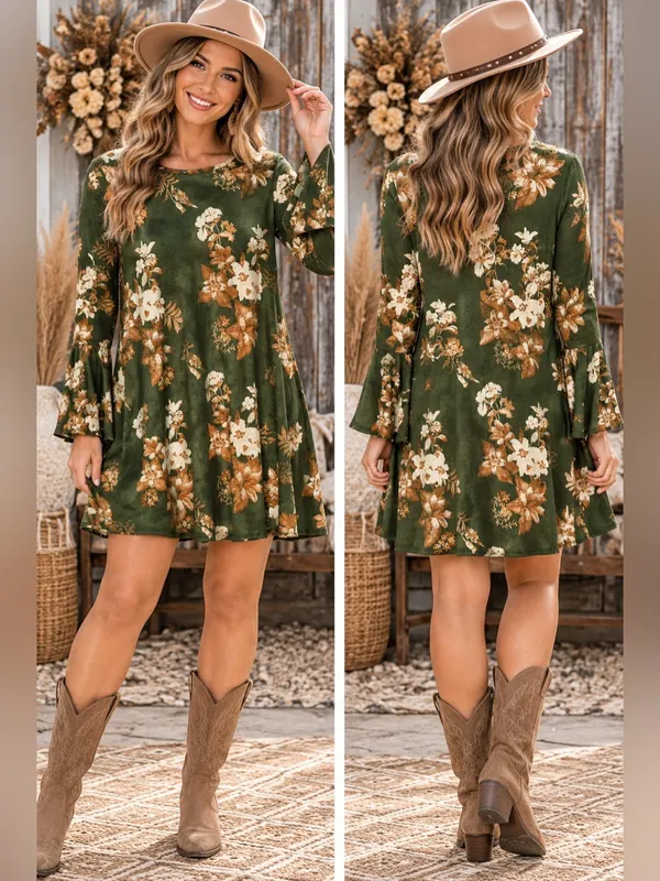 Olive Green Floral Bell-Sleeve Mini Dress - Image 2