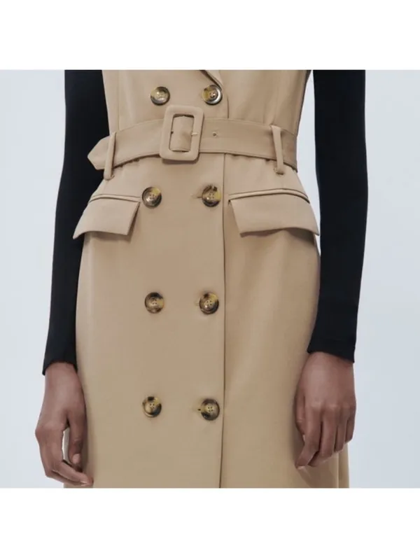 Zara Sleeveless Double-Breasted Belted Maxi Dress in Tan - Image 5