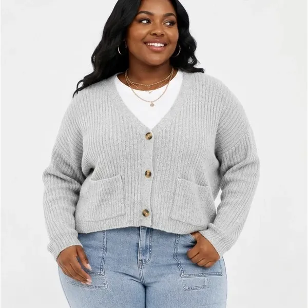 No Boundaries Womens Cardigan Sz XXL Light Grey Ribbed Button Front Cropped Soft - Image 4