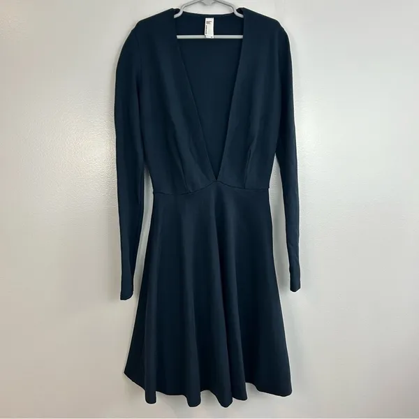 American Apparel Dark Blue Deep V-neck Long Sleeve Mini Fit & Flare Dress XS - Image 2